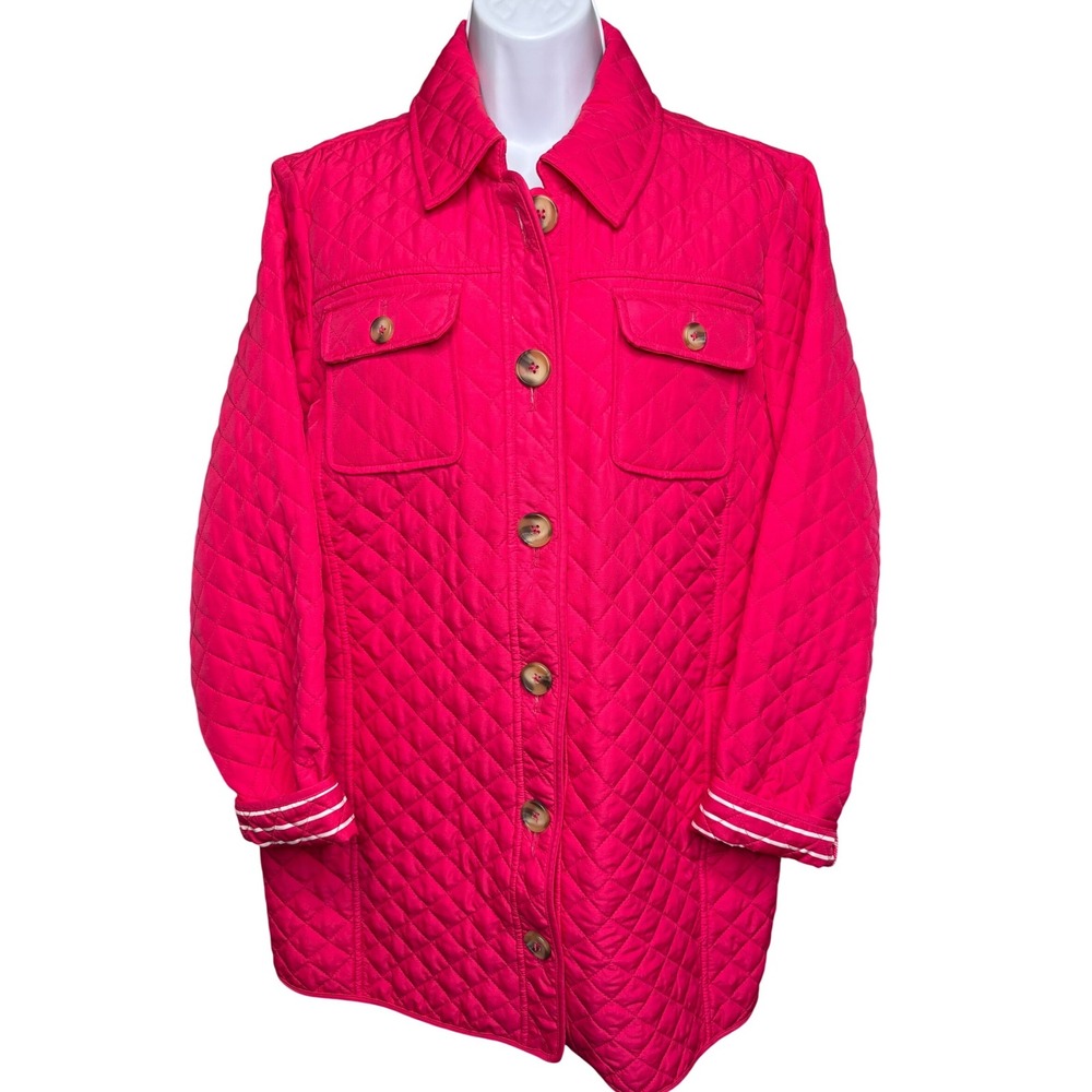 CHICO'S Womens Red Quilted Barn Button Front Jacket Sz 2/L Preppy Equestrian